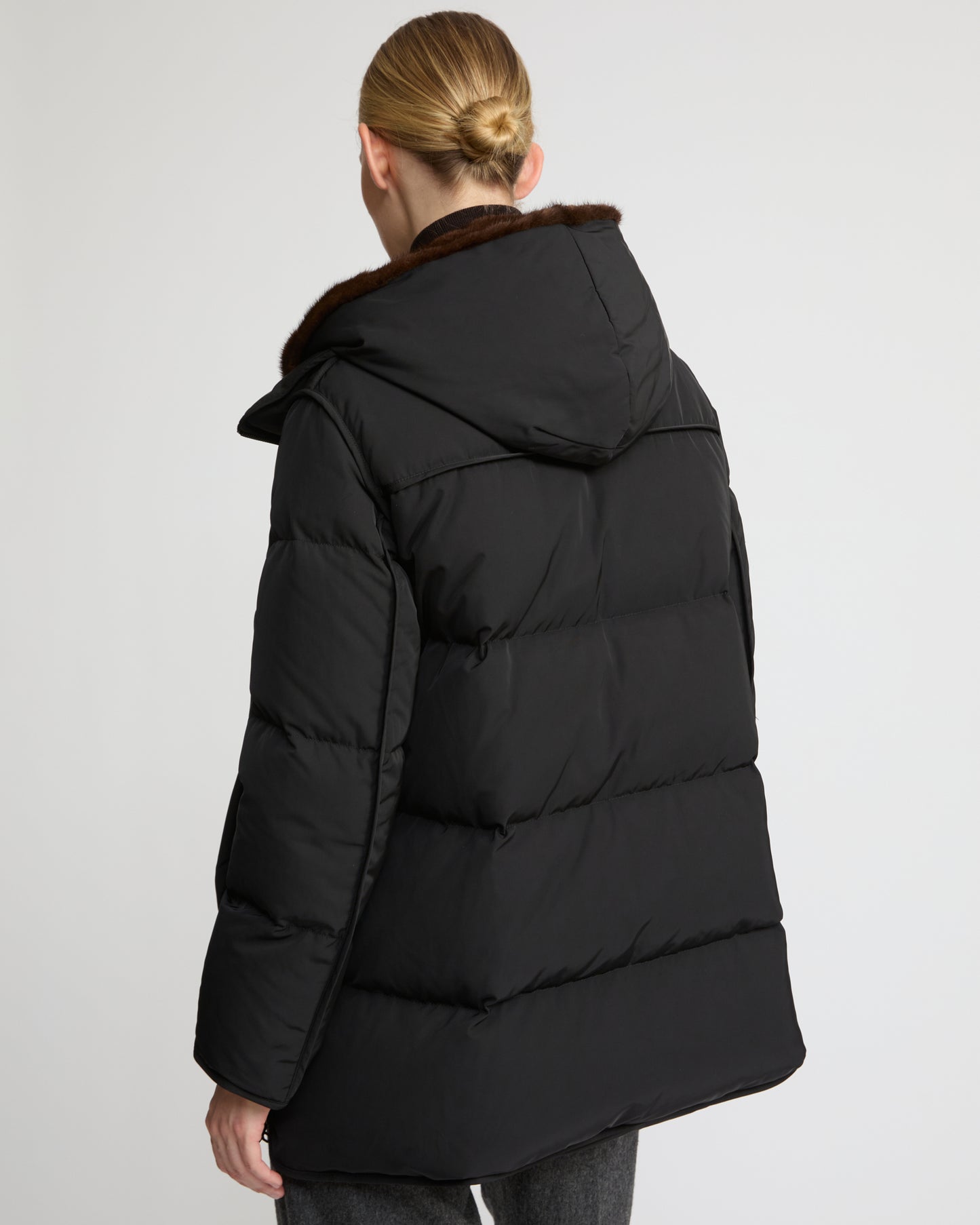 "A" Line puffer jacket in technical fabric and mink fur