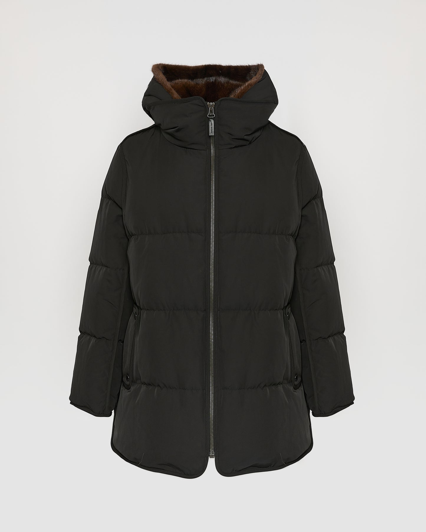 "A" Line puffer jacket in technical fabric and mink fur