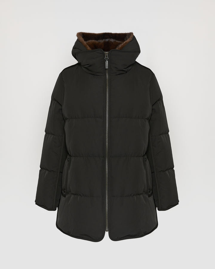 "A" Line down jacket in technical fabric and mink fur