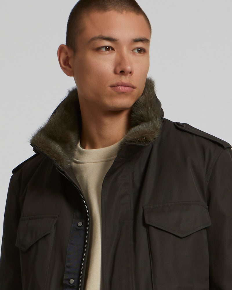 Technical Gabardine Field Jacket With Mink Collar - brown - Yves Salomon