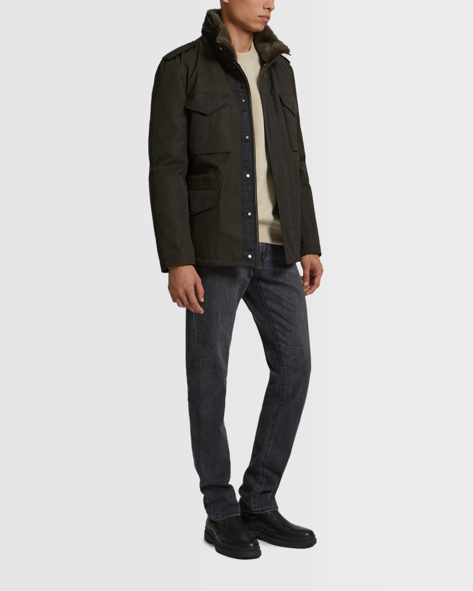 Technical Gabardine Field Jacket With Mink Collar - brown - Yves