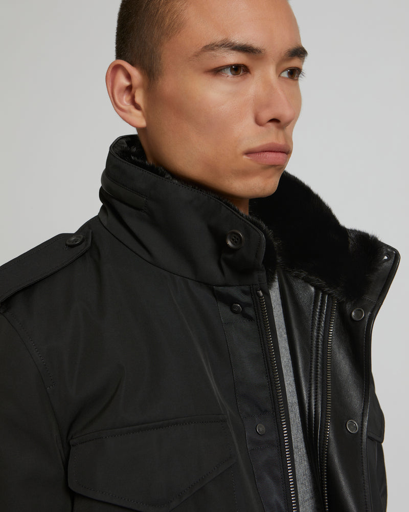 Technical Gabardine Field Jacket With Mink Collar - black - Yves Salomon