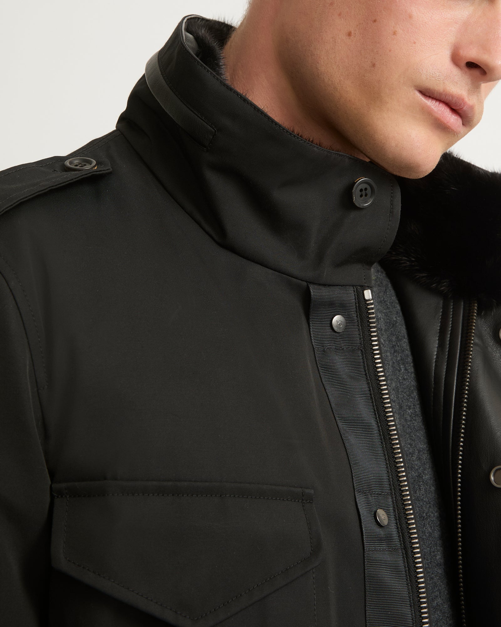 Gabardine Field Jacket With Mink Collar - black - Yves Salomon