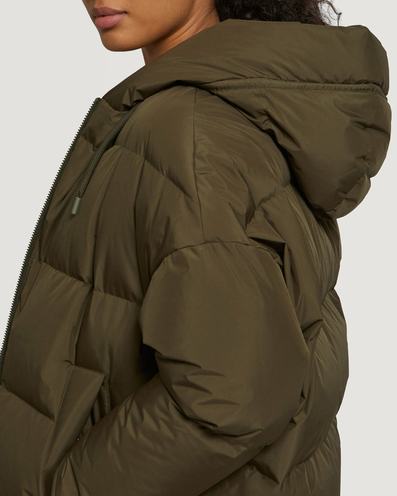 Long reversible hooded down jacket in waterproof technical fabric