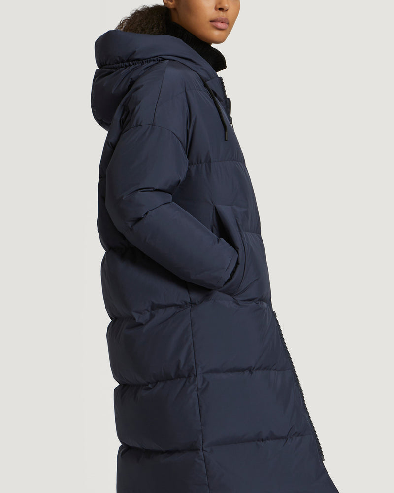 Long reversible hooded down jacket in waterproof technical fabric