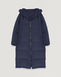 Long reversible hooded down jacket in waterproof technical fabric