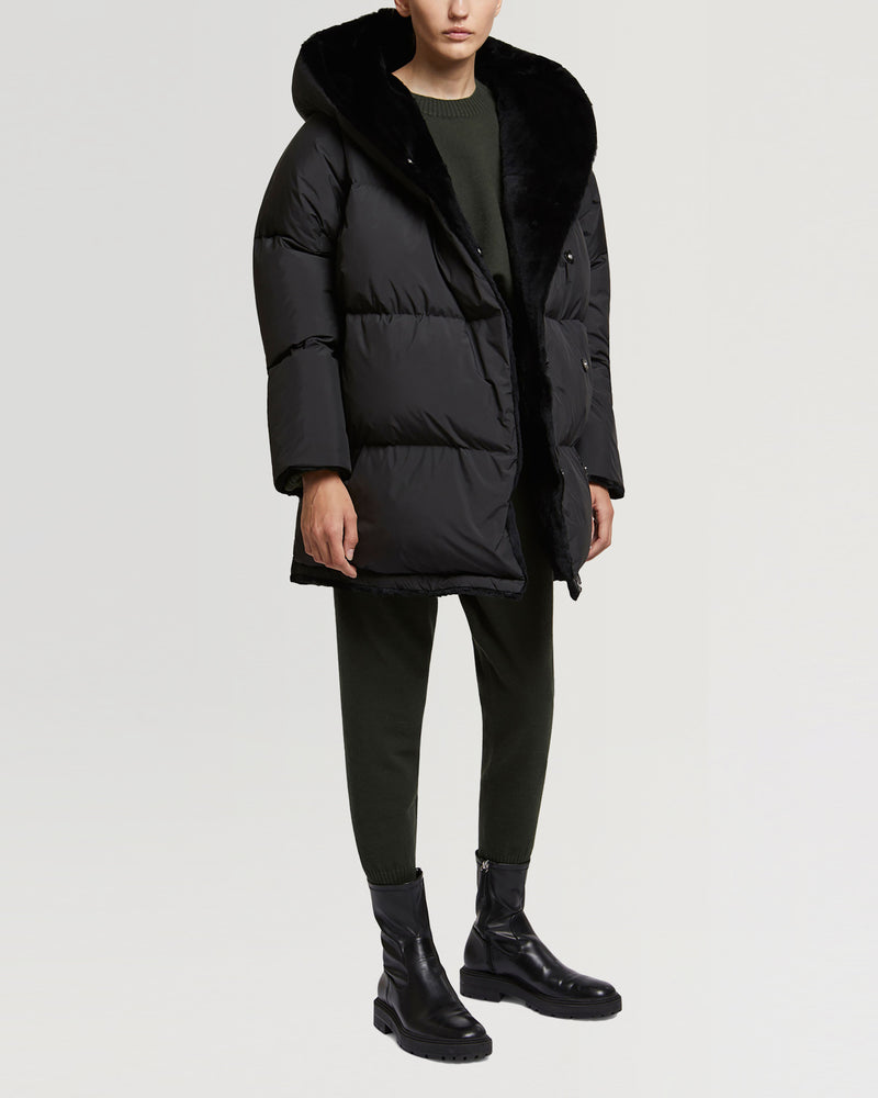 Sheared rabbit fur reversible hooded down jacket-Yves Salomon-Winter sale & boxing day