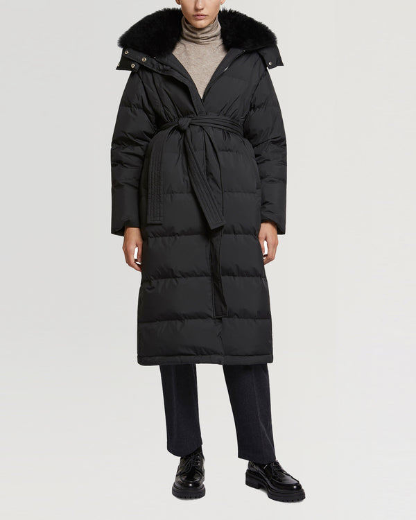 Long belted hooded down jacket with cashmere goat wool collar-Yves Salomon-Winter sale & boxing day