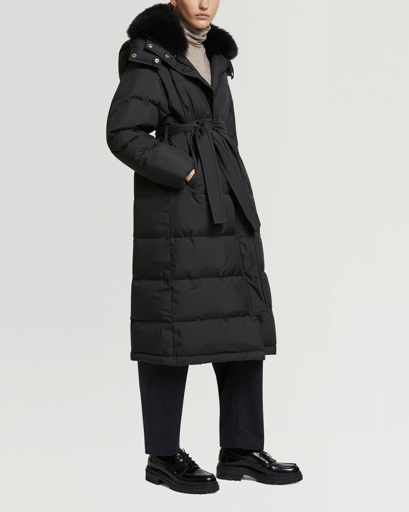 Long belted hooded down jacket with cashmere goat wool collar-Yves Salomon-Winter sale & boxing day