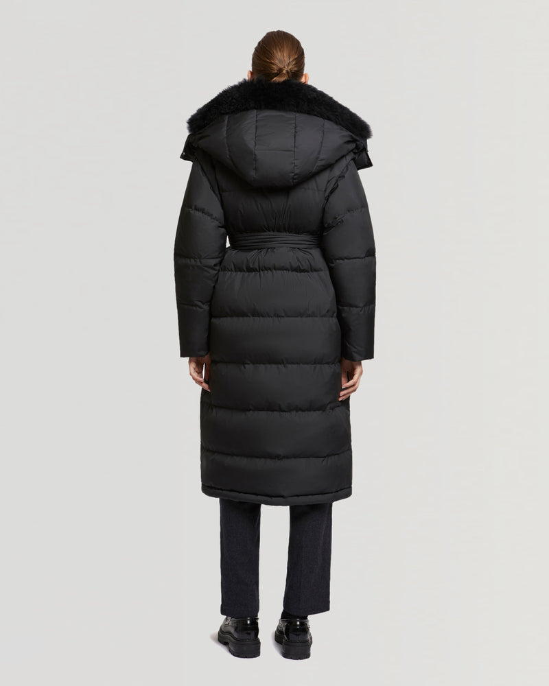 Long belted hooded down jacket with cashmere goat wool collar-Yves Salomon-Winter sale & boxing day