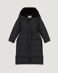 Long belted hooded down jacket with cashmere goat wool collar