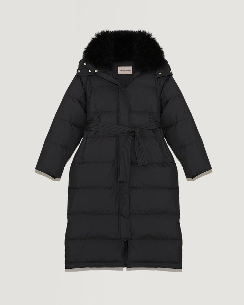 Long belted hooded down jacket with cashmere goat wool collar-Yves Salomon-Winter sale & boxing day