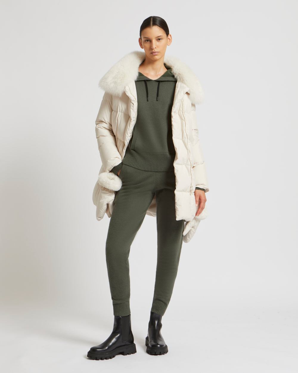 Belted down jacket in waterproof technical fabric with fox and rabbit fur - white - Yves Salomon