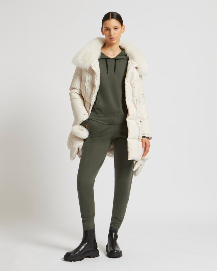 Belted down jacket in waterproof technical fabric with fox and rabbit fur - white - Yves Salomon