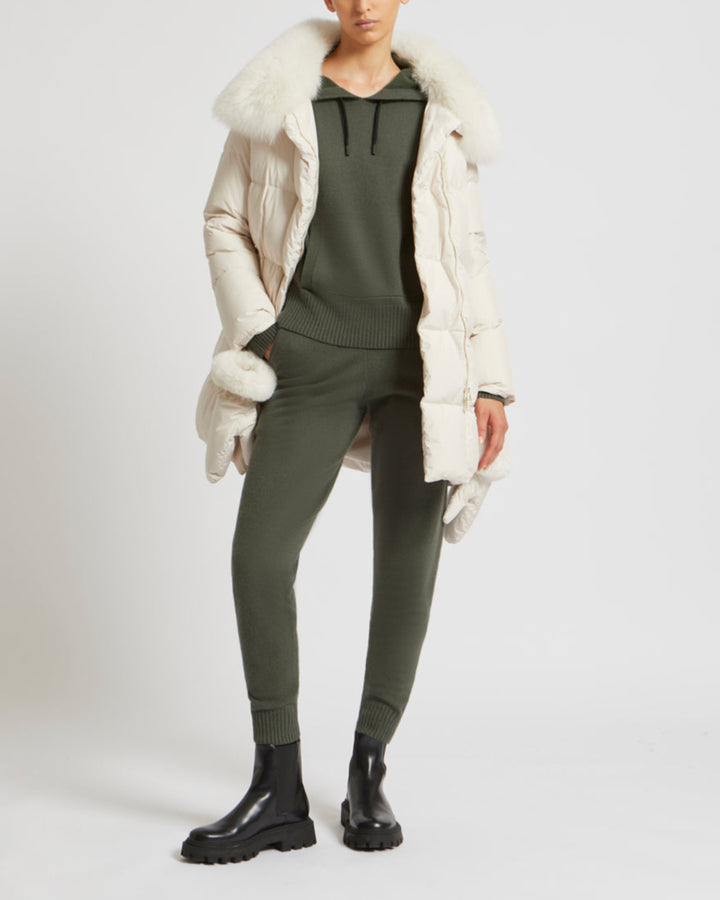Belted down jacket in waterproof technical fabric with fox and rabbit fur