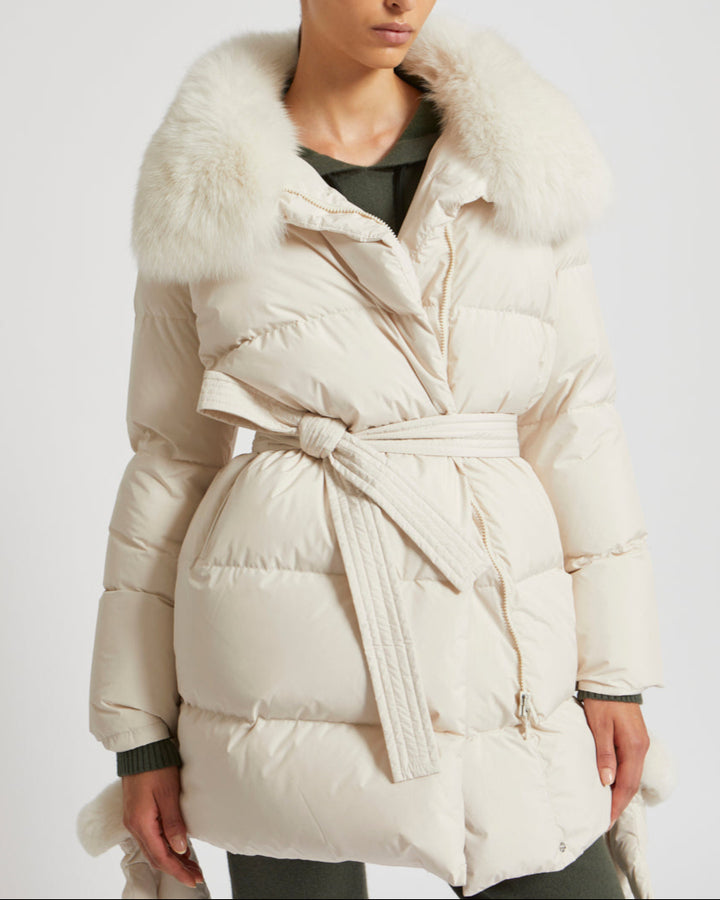 Belted down jacket in waterproof technical fabric with fox and rabbit fur