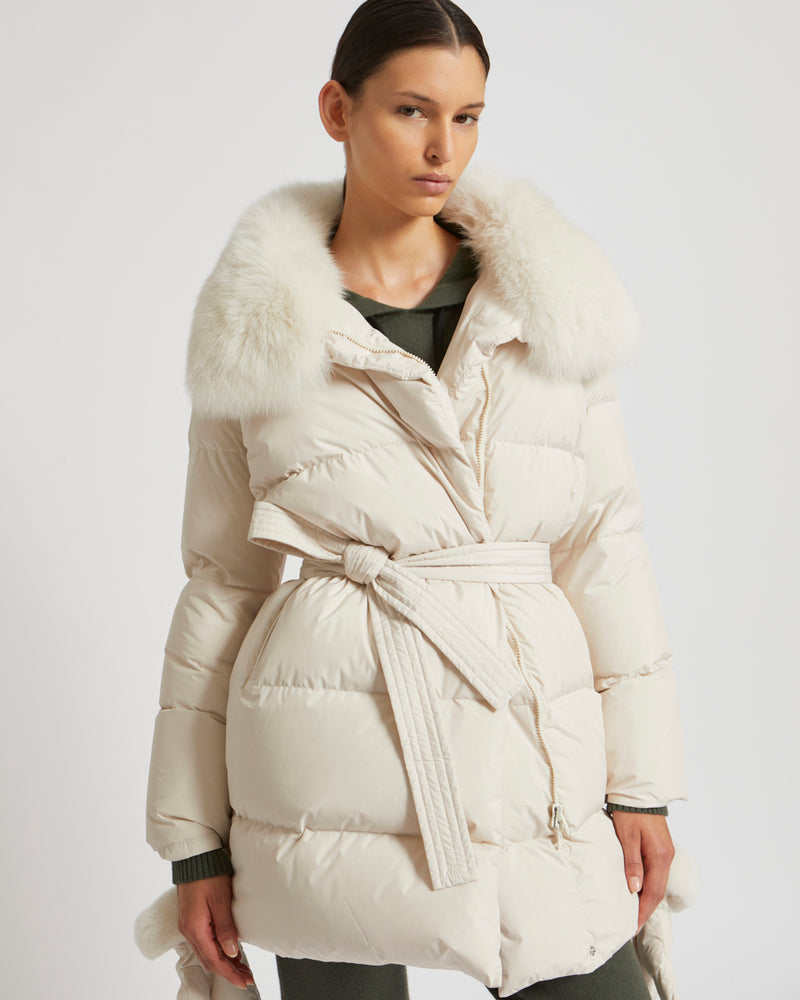 Belted down jacket in waterproof technical fabric with fox and rabbit fur - white - Yves Salomon