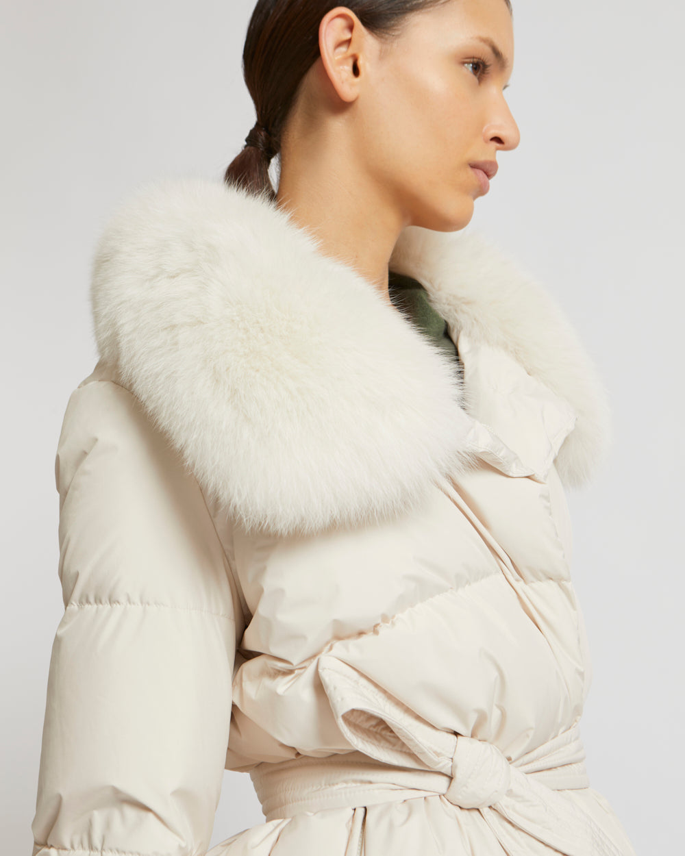 Belted down jacket in waterproof technical fabric with fox and rabbit fur - white - Yves Salomon