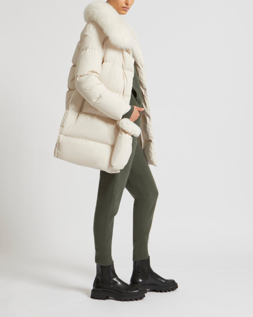 Belted down jacket in waterproof technical fabric with fox and