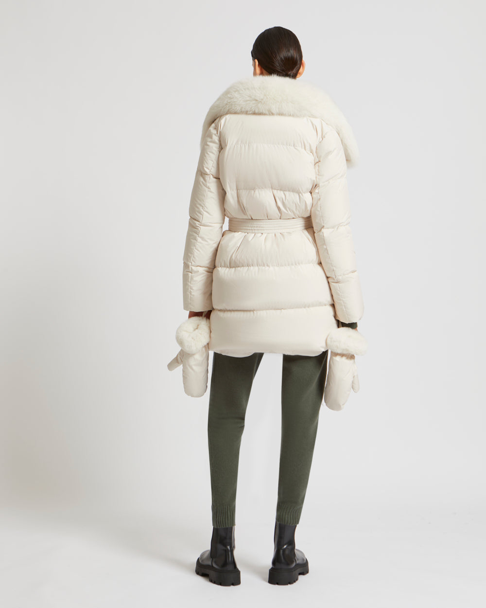 Belted down jacket in waterproof technical fabric with fox