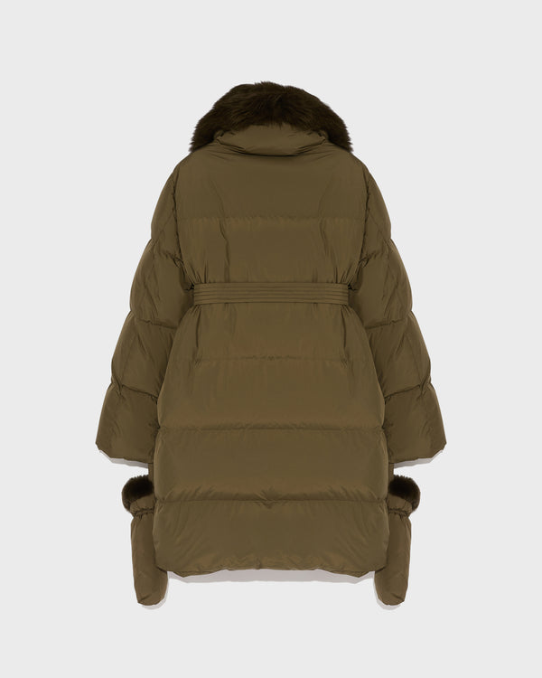 Belted down jacket in waterproof technical fabric with fox and rabbit fur - khaki - Yves Salomon