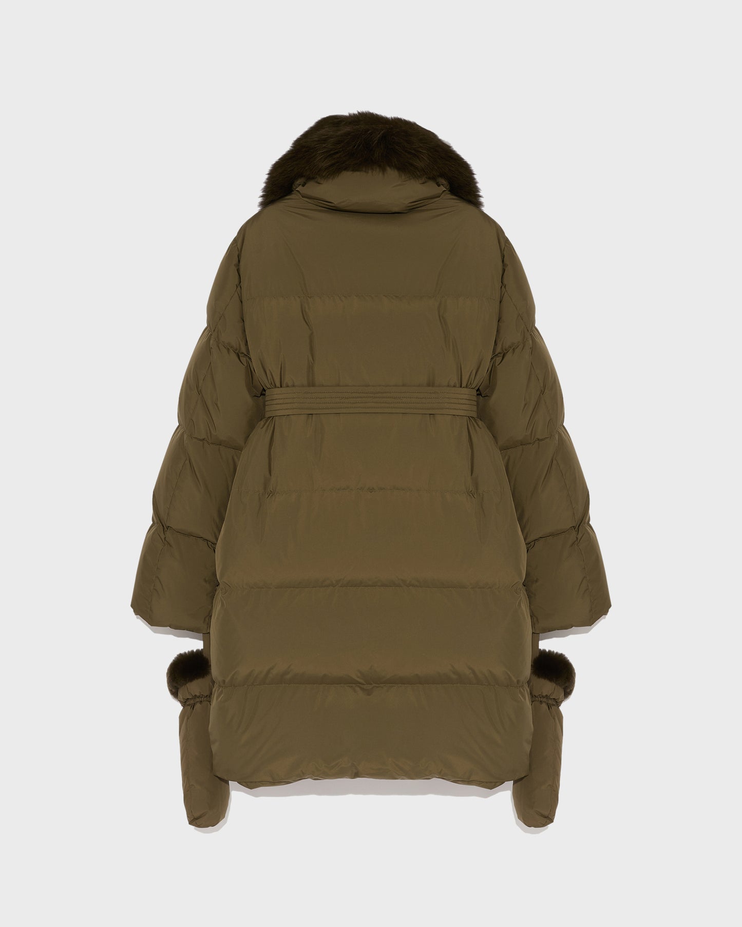 Belted down jacket in waterproof technical fabric with fox and rabbit fur
