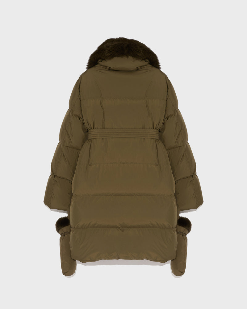 Belted down jacket in waterproof technical fabric with fox and rabbit fur - khaki - Yves Salomon