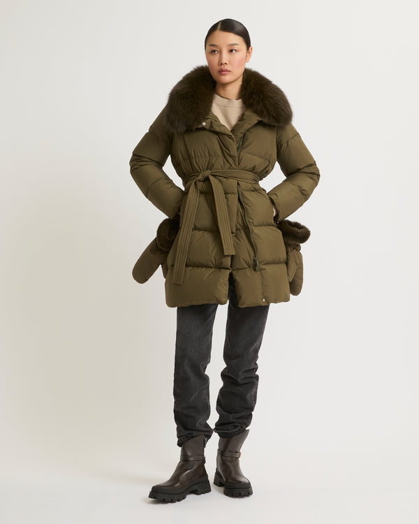 Belted down jacket in waterproof technical fabric with fox and rabbit fur - khaki - Yves Salomon