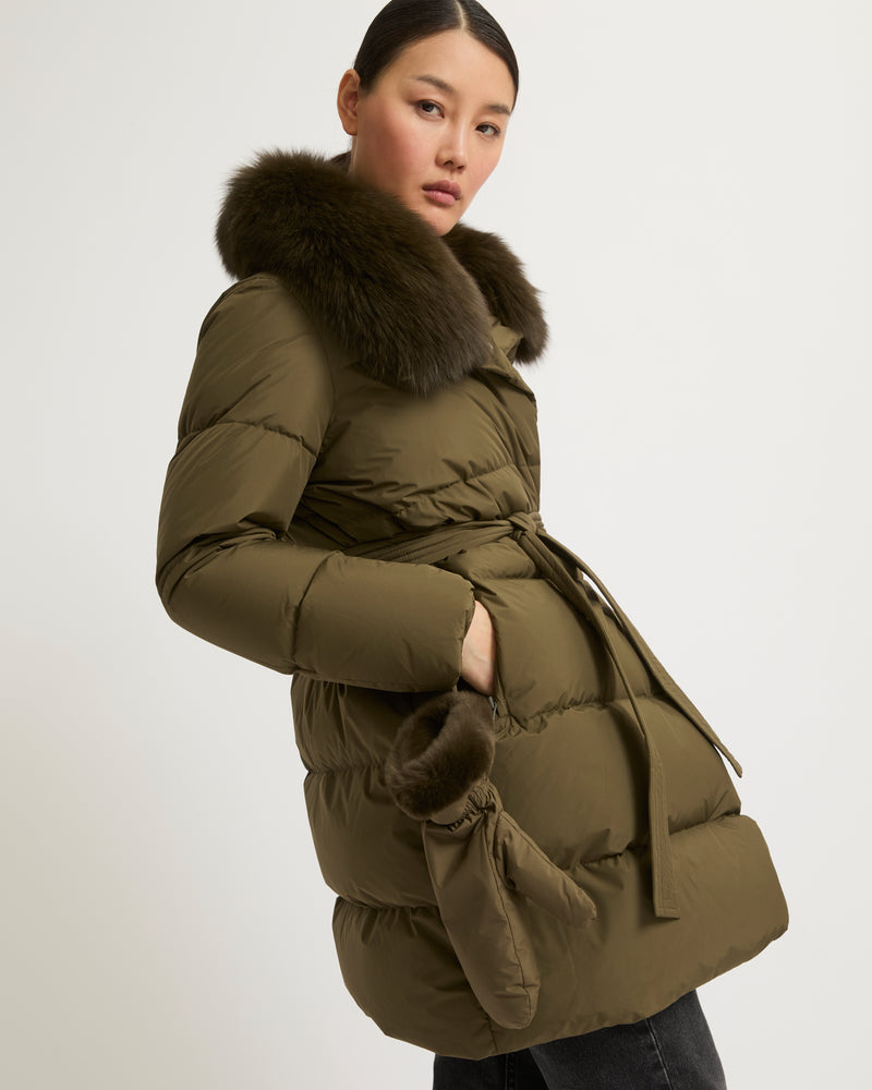 Belted down jacket in waterproof technical fabric with fox and rabbit fur - khaki - Yves Salomon