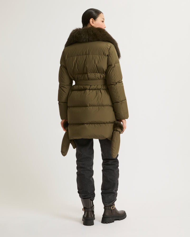 Belted down jacket in waterproof technical fabric with fox and rabbit fur - khaki - Yves Salomon