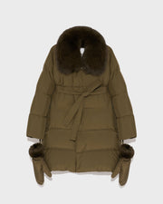 Belted down jacket in waterproof technical fabric with fox and rabbit fur