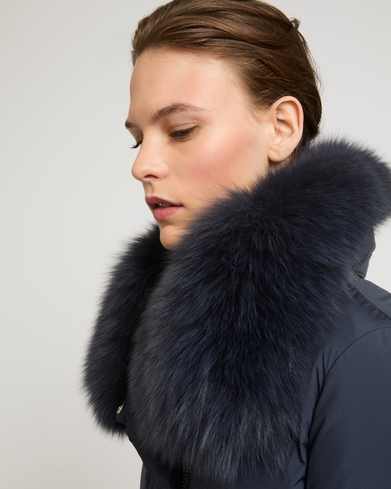 Belted down jacket in waterproof technical fabric with fox and rabbit fur - navy - Yves Salomon