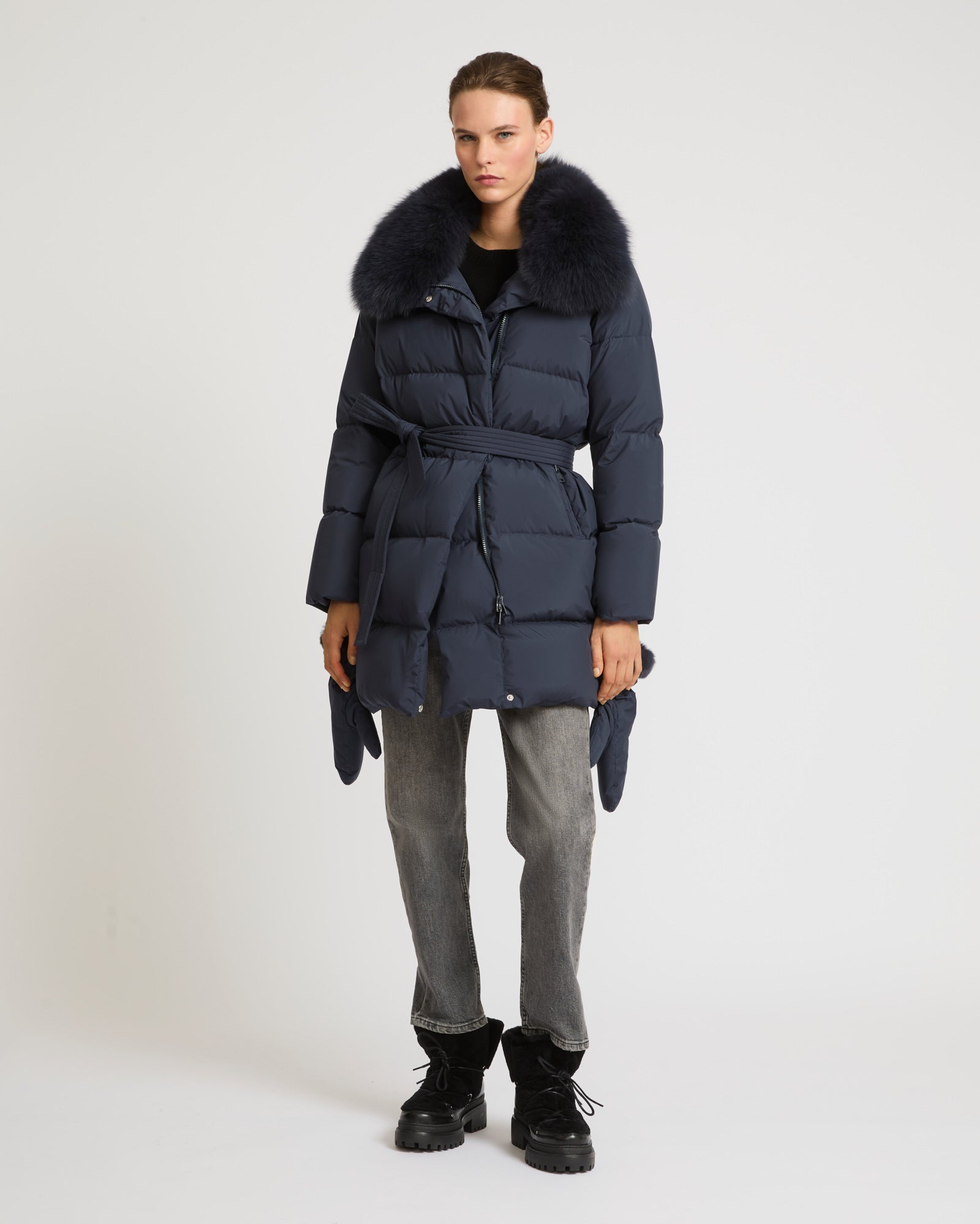 Belted down jacket in waterproof technical fabric with fox
