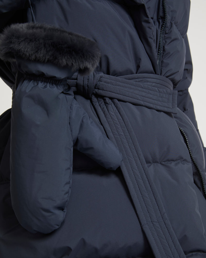 Belted down jacket in waterproof technical fabric with fox and rabbit fur - navy - Yves Salomon