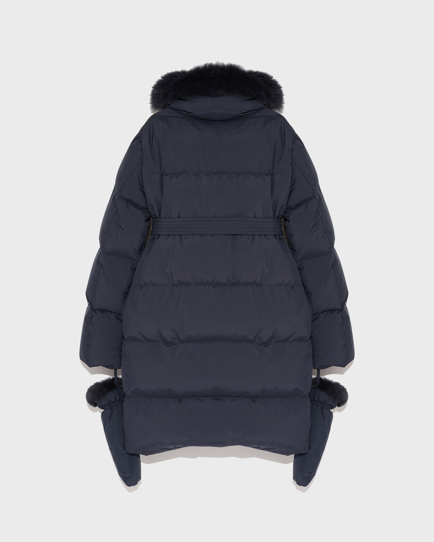 Belted down jacket in waterproof technical fabric with fox and rabbit fur - navy - Yves Salomon