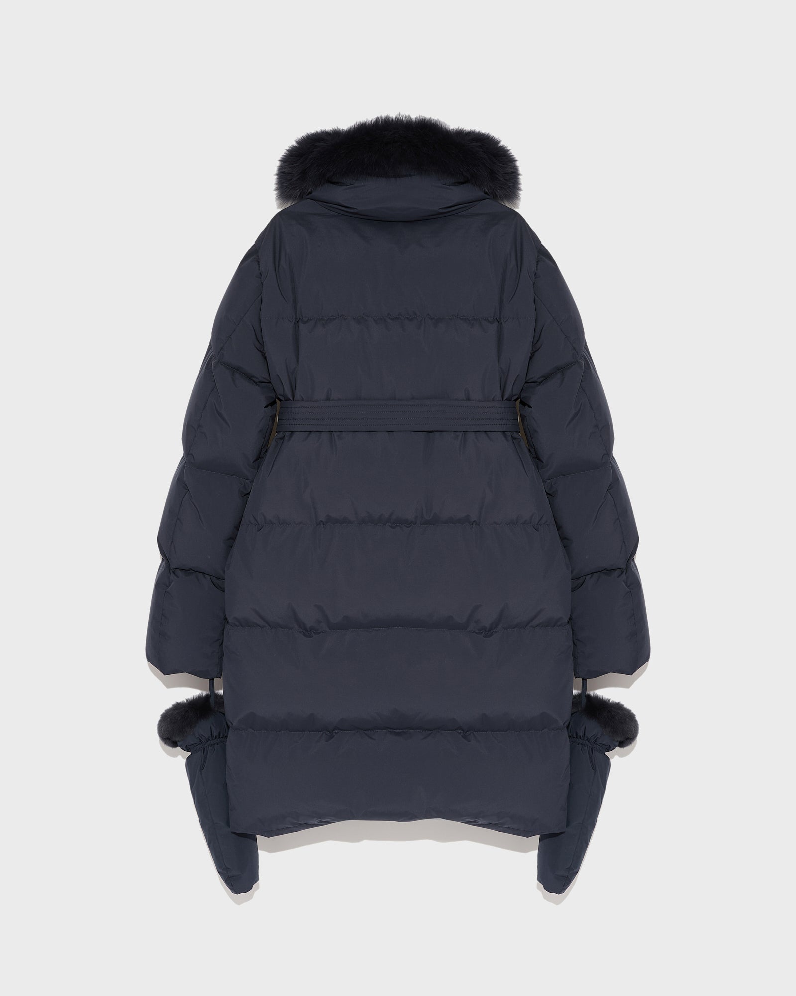 Belted down jacket in waterproof technical fabric with fox and rabbit fur - navy - Yves Salomon