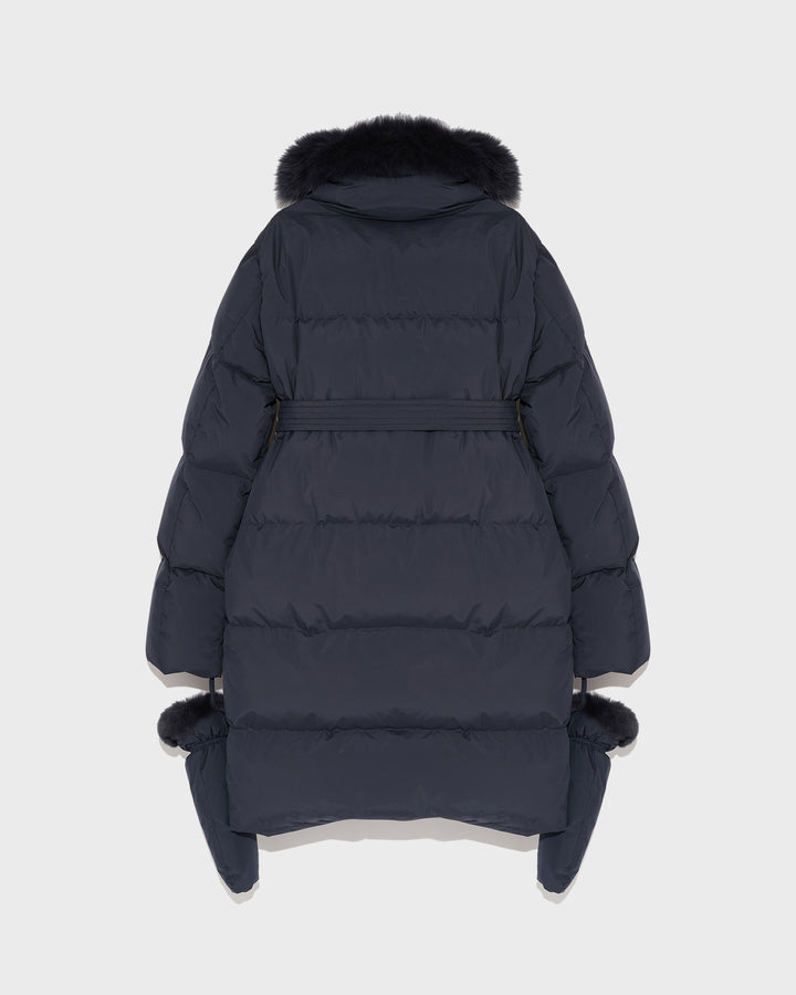 Belted down jacket in waterproof technical fabric with fox and rabbit fur - navy - Yves Salomon
