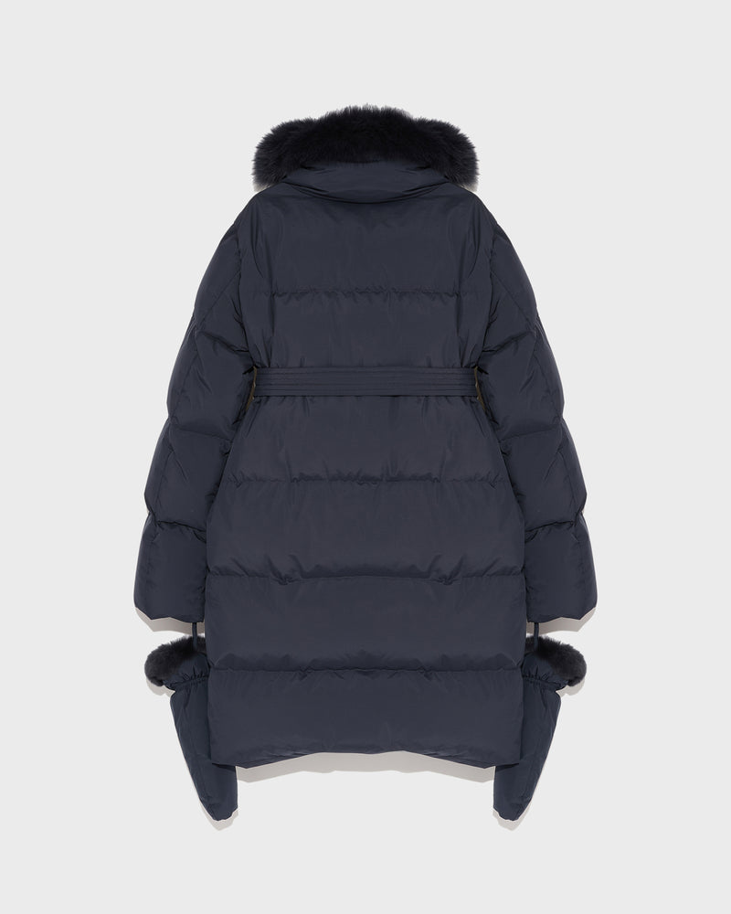 Belted down jacket in waterproof technical fabric with fox and rabbit fur - navy - Yves Salomon