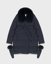 Belted down jacket in waterproof technical fabric with fox and rabbit fur