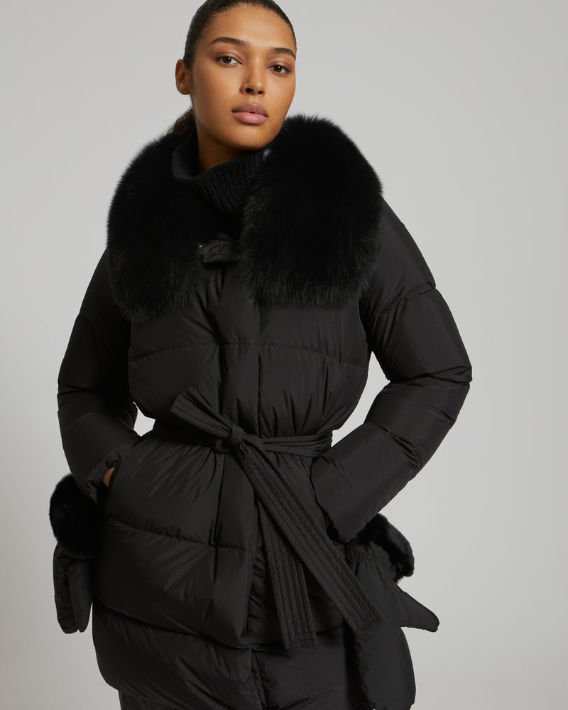 Belted down jacket in waterproof technical fabric with fox and rabbit fur - black - Yves Salomon