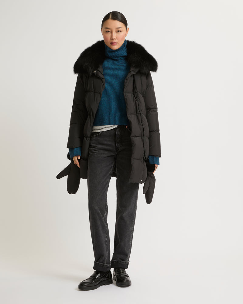 Belted down jacket in waterproof technical fabric with fox and rabbit fur