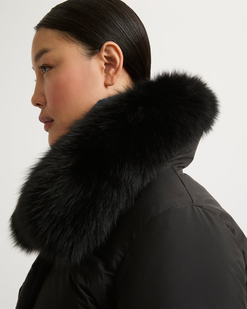 Belted down jacket in waterproof technical fabric with fox and rabbit fur