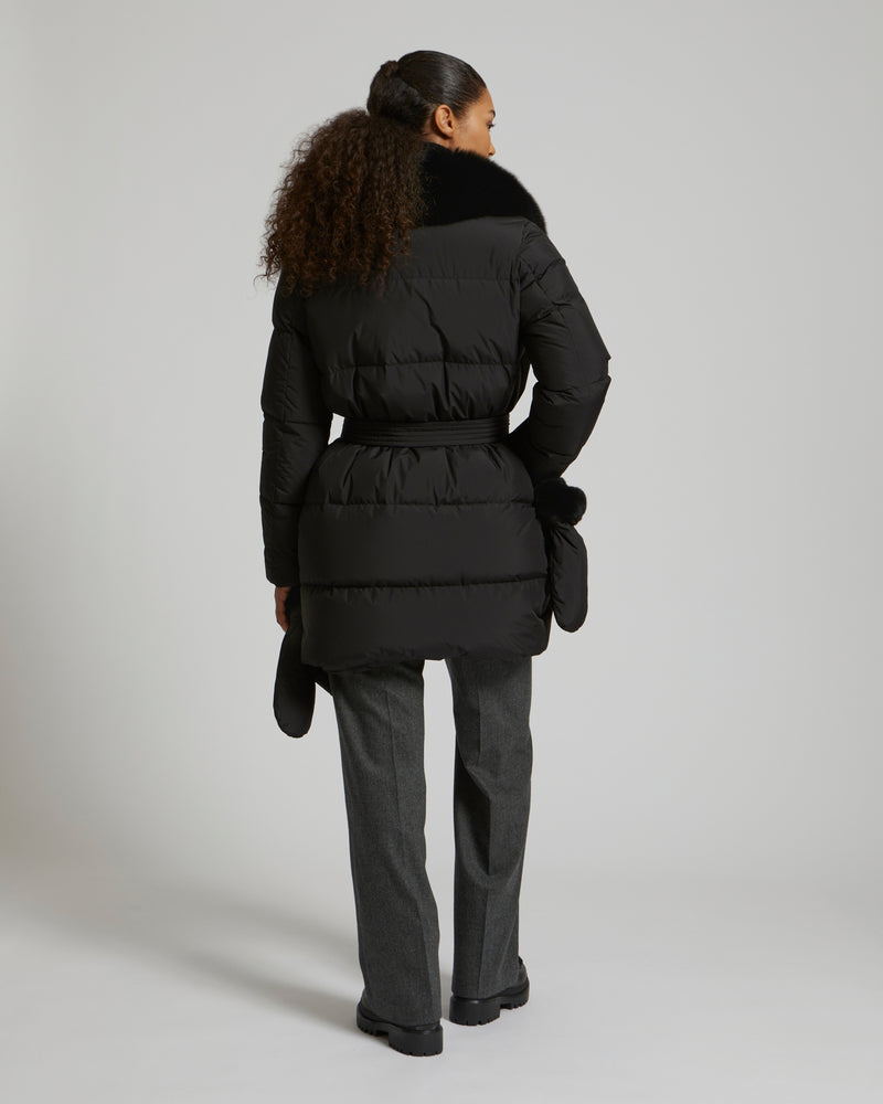Belted down jacket in waterproof technical fabric with fox and rabbit fur - black - Yves Salomon