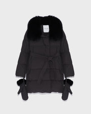 Belted down jacket in waterproof technical fabric with fox and rabbit fur