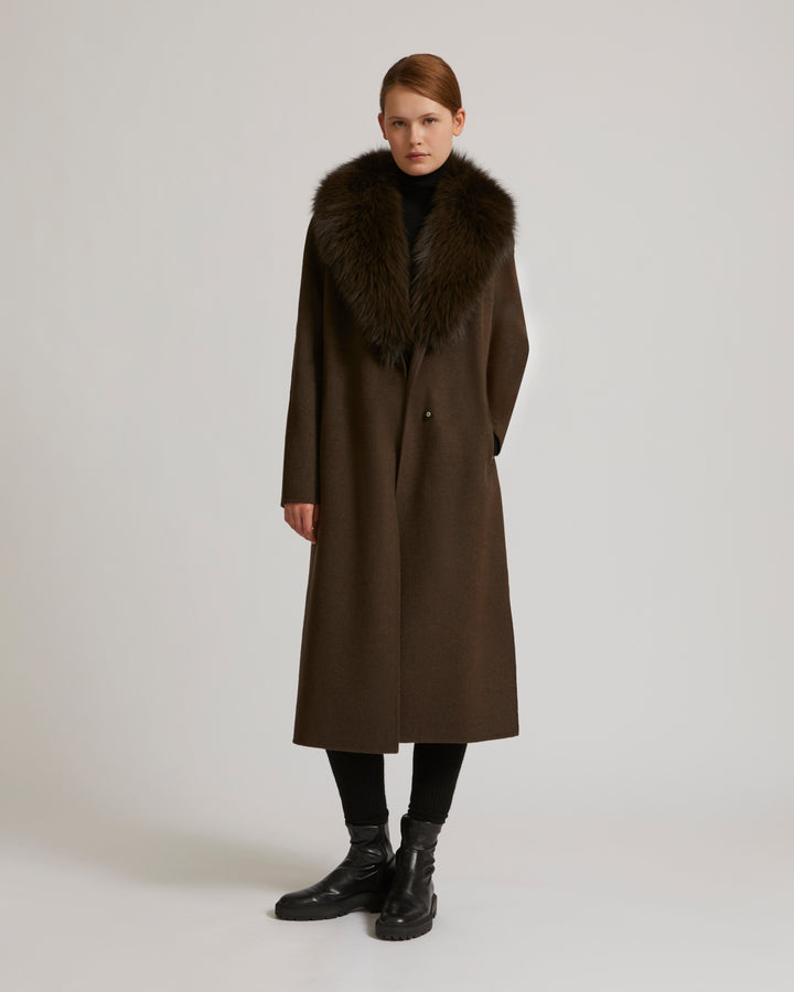Belted coat in cashmere wool with fox fur collar and lapel - khaki - Yves Salomon