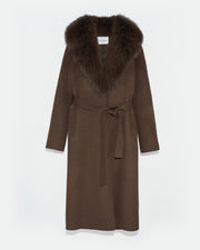 Belted coat in cashmere wool with fox fur collar and lapel