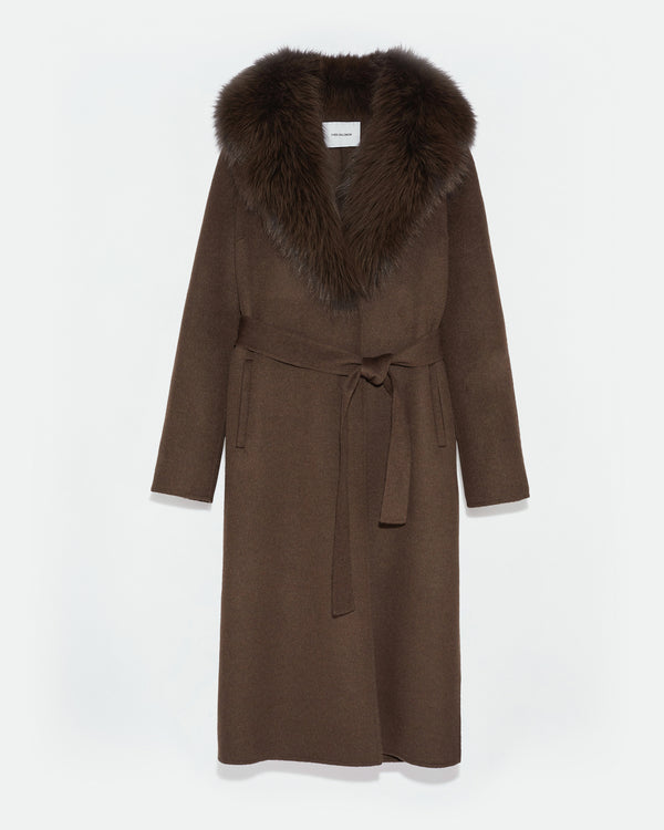 Belted coat in cashmere wool with fox fur collar and lapel - khaki - Yves Salomon