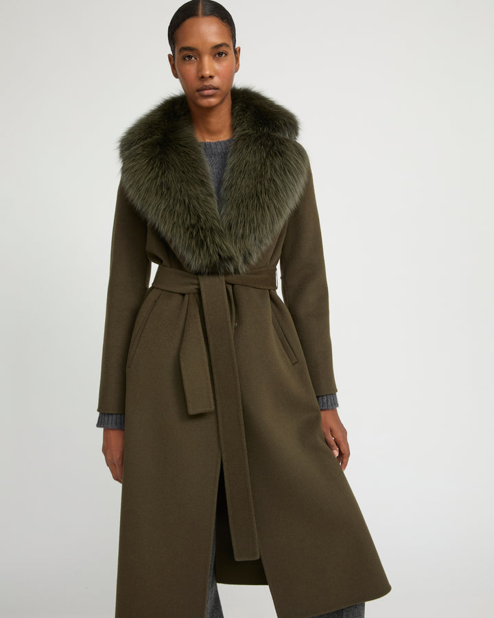 Belted coat in cashmere wool with fox fur collar and lapel - Yves Salomon