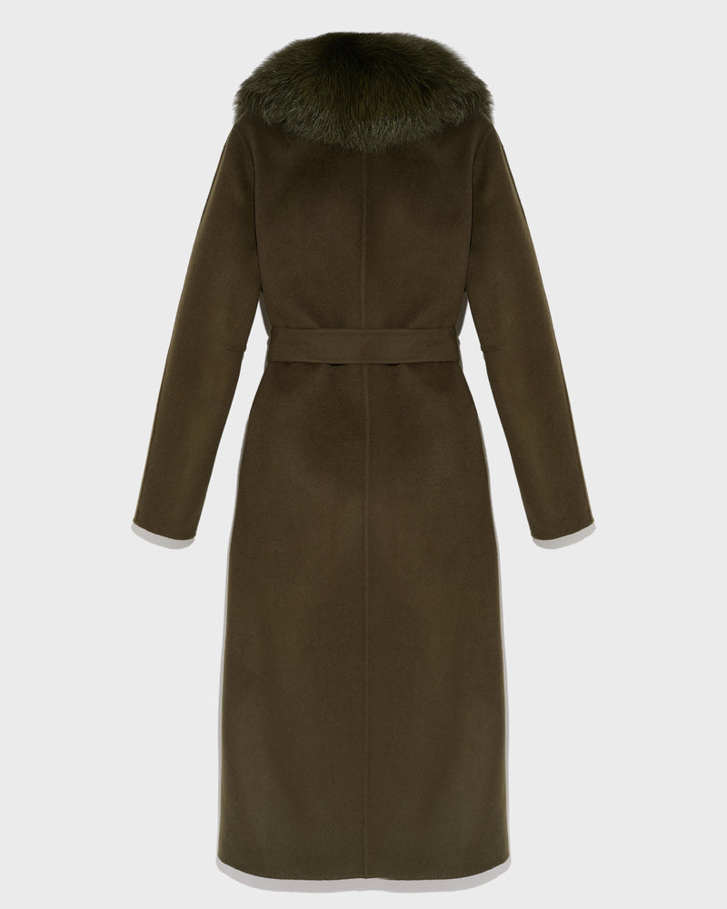 Belted coat in cashmere wool with fox fur  - khaki - Yves Salomon