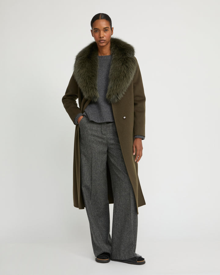 Belted coat in cashmere wool with fox fur collar and lapel - Yves Salomon